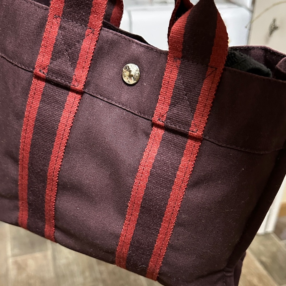 Hermes Brown Canvas Tote with Red Straps small size - Picture 11 of 12